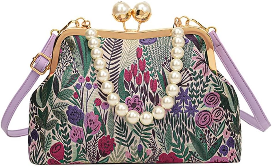 Vintage Embroidered Flower Handbag Retro Pearl Chain Crossbody Bag Clutch Kiss Lock Top Handle Shoulder Purse Wallet 2026