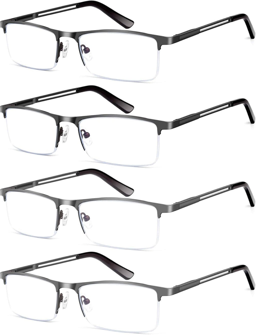 HIGHLIKE Blue Light Reading Glasses for Men, Metal Half Frame Readers Spring Hinge Clear Lens Eyeglasses with Pouches