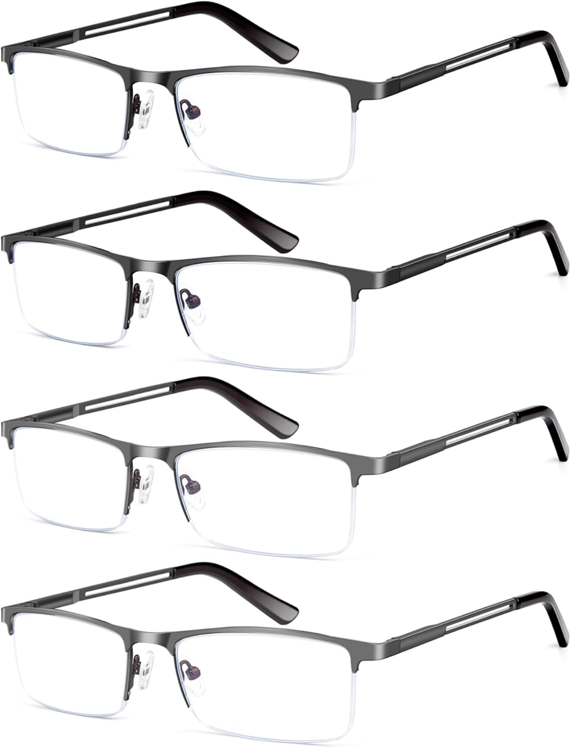 HIGHLIKE Blue Light Reading Glasses for Men, Metal Half Frame Readers Spring Hinge Clear Lens Eyeglasses with Pouches