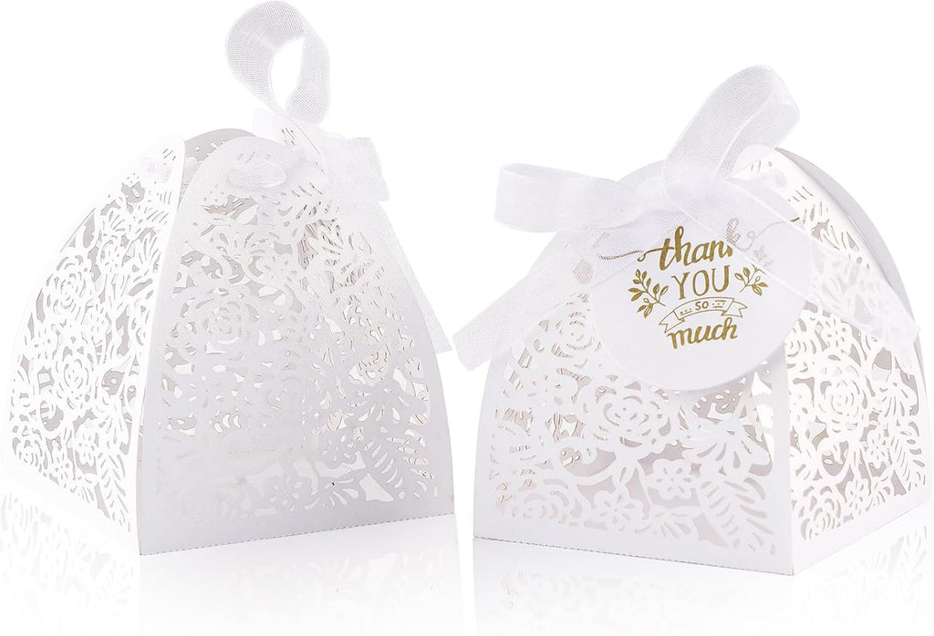 AdasBridal 50Pcs Small Gift Boxes for Party Favors, Laser Cut Candy Boxes Wedding Favor with Thank You Card Ribbons for Bridal Baby Shower Wedding Decorations (White, 2.36")