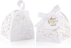 AdasBridal 50Pcs Small Gift Boxes for Party Favors, Laser Cut Candy Boxes Wedding Favor with Thank You Card Ribbons for Bridal Baby Shower Wedding Decorations (White, 2.36")