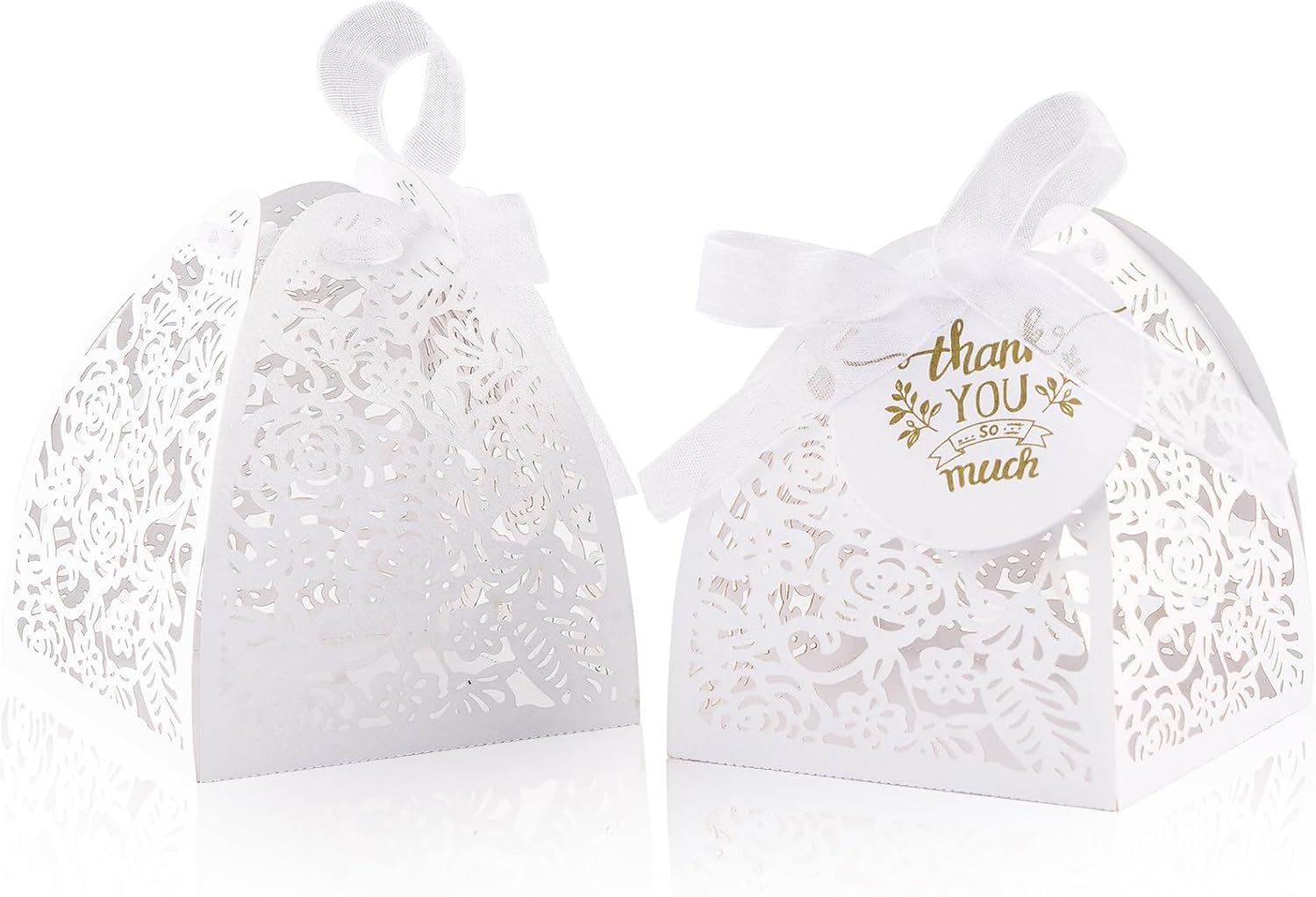 AdasBridal 50Pcs Small Gift Boxes for Party Favors, Laser Cut Candy Boxes Wedding Favor with Thank You Card Ribbons for Bridal Baby Shower Wedding Decorations (White, 2.36")