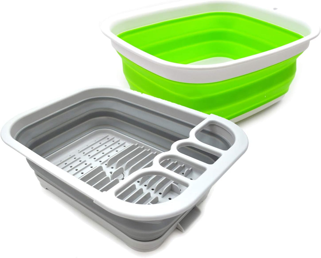 SAMMART 2pcs Kitchen & Outdoor Set : Collapsible Dish Drainer & 7.7L Collapsible Plastic Tub/Basin (2, Grey+Green)