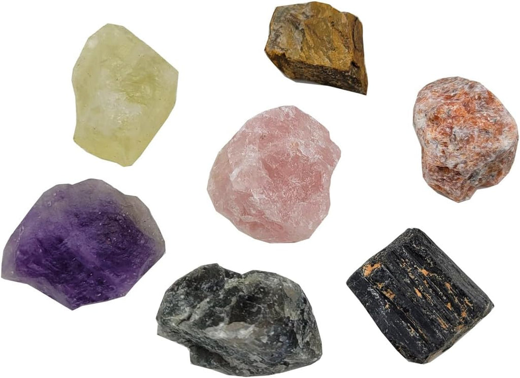 7Pcs Energy Crystals for Good Fortune Natural Raw Crystals Set of Black Tourmaline,Amethyst,Labradorite,Rose Quartz,Citrine,Sunstone,Tiger's Eye (Crystals for Good Fortune)