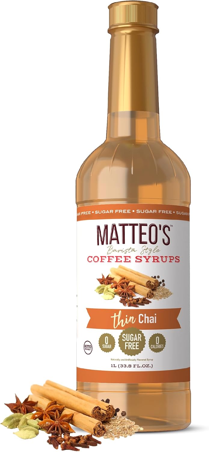 Matteo's Chai Syrup for Coffee, Lattes, Cappuccinos & Desserts – Sugar-Free Sweetener for Beverages, Keto Friendly, Zero Calories, Indulgent Flavor, Non-Alcoholic, Ideal for Hot Drinks 33.8oz (1pk)