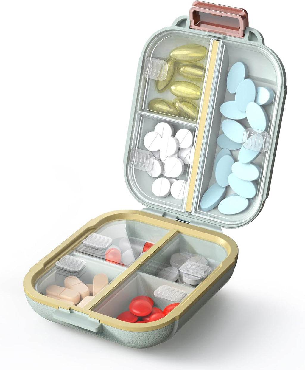 7 Compartments Travel Pill Organizer, Foldable Portable Airtight Daily Pill Box, Compact Pill Case for Purse & Pocket, BPA-Free Medicine Organizer for Vitamins Fish Oil Supplements (Green)