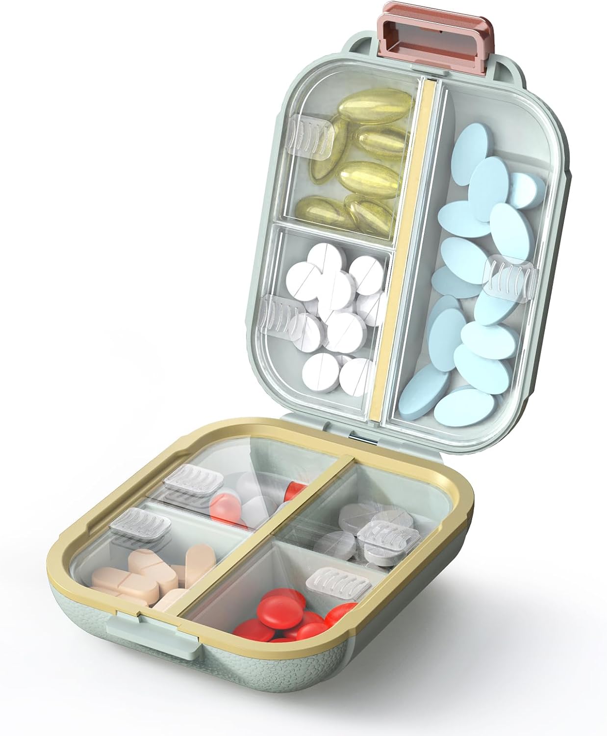 7 Compartments Travel Pill Organizer, Foldable Portable Airtight Daily Pill Box, Compact Pill Case for Purse & Pocket, BPA-Free Medicine Organizer for Vitamins Fish Oil Supplements (Green)