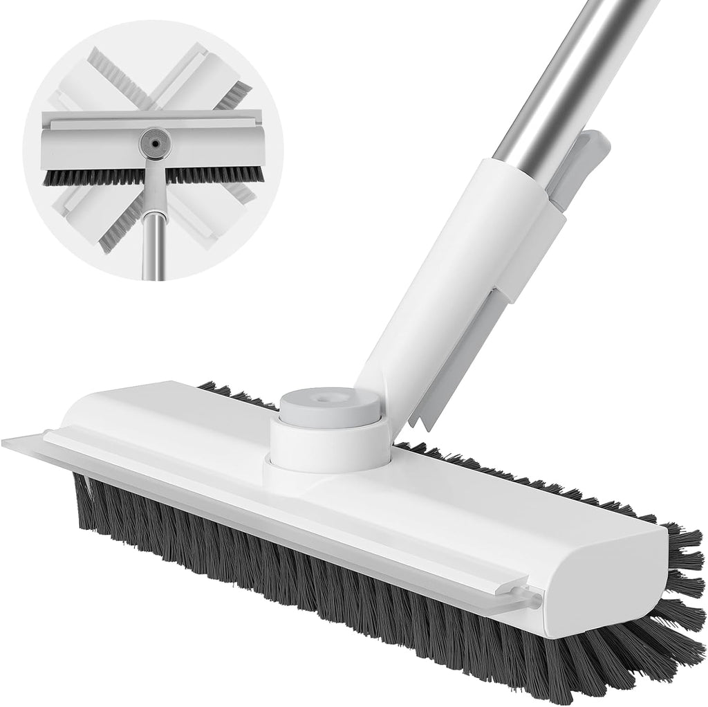 Floor Scrub Brush with Long Handle, 3 in 1 Scrape and Heavy-Duty Stiff Bristle Scrubber Brush for Cleaning Shower Bathroom, Patio, Pool, Garage, Kitchen, Wall and Deck (White, 1 Pack)