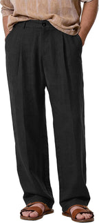Comdecevis Men's Casual Linen Pleated Pants Lightweight Loose Fit Summer Beach Linen Dress Trousers