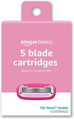 Amazon Basics Women's 5-Blade Razor Refills for Smooth Close Comfortable Shave, Moisturizing, Fits Venus Handles, 6 Cartridges