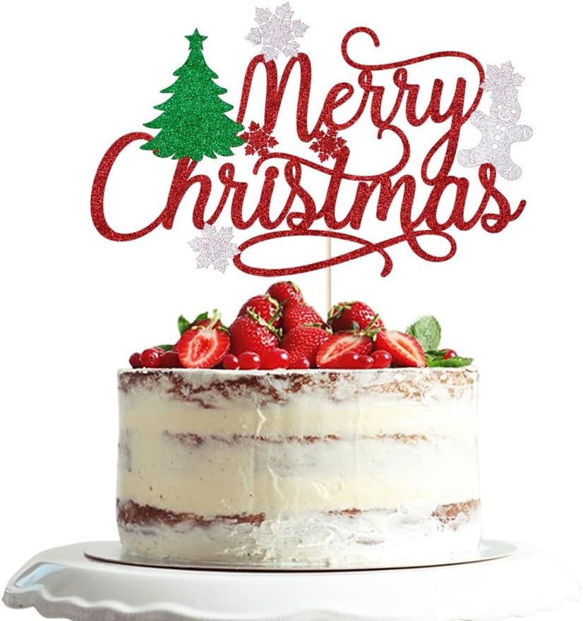 Merry Christmas Cake Topper, Red glitter Xmas Holiday Cake Decorations, for Winter, Santa, Happy New Year Party, Christmas Theme Gingerbread Man Party Cake Decorations