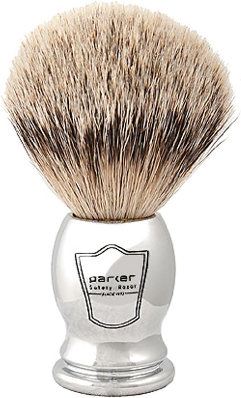 Parker 100% SILVERTIP Badger Shaving Brush – Chrome Handle & Stand – Premium 3-Band Badger Bristles for Smooth, Luxurious Lather