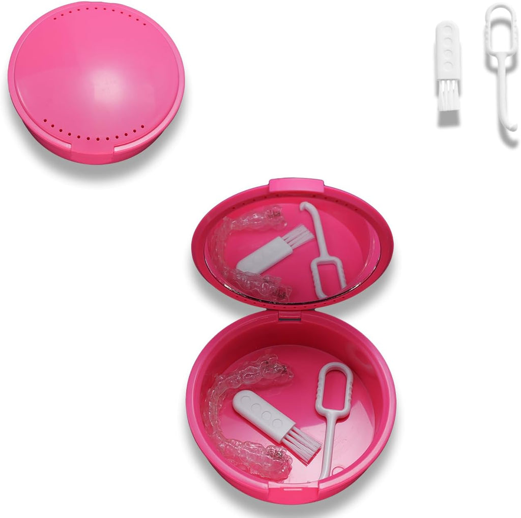 Retainer Case Denture Case Braces Storage Box - Orthodontic Case with Mirror Includes Aligner Removal Tool & Cleaning Brush - Mouth Guard Holder for Household | Travel | Office（PINK）