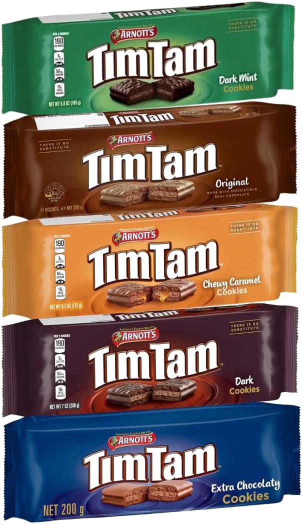 Arnott’s Tim Tam 5 Pack Variety – Original, Chewy Caramel, Dark Mint, Dark Chocolate & Extra Chocolaty – Australian Chocolate Biscuit Cookies Assortment