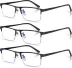 3-Pack Reading Glasses for Men, Lightweight Metal Half Frame Blue Light Blocking Computer Readers, Filter UV Ray/Computer Glare with Spring Hinge Eyeglasses(3PCS Black,+3.0)