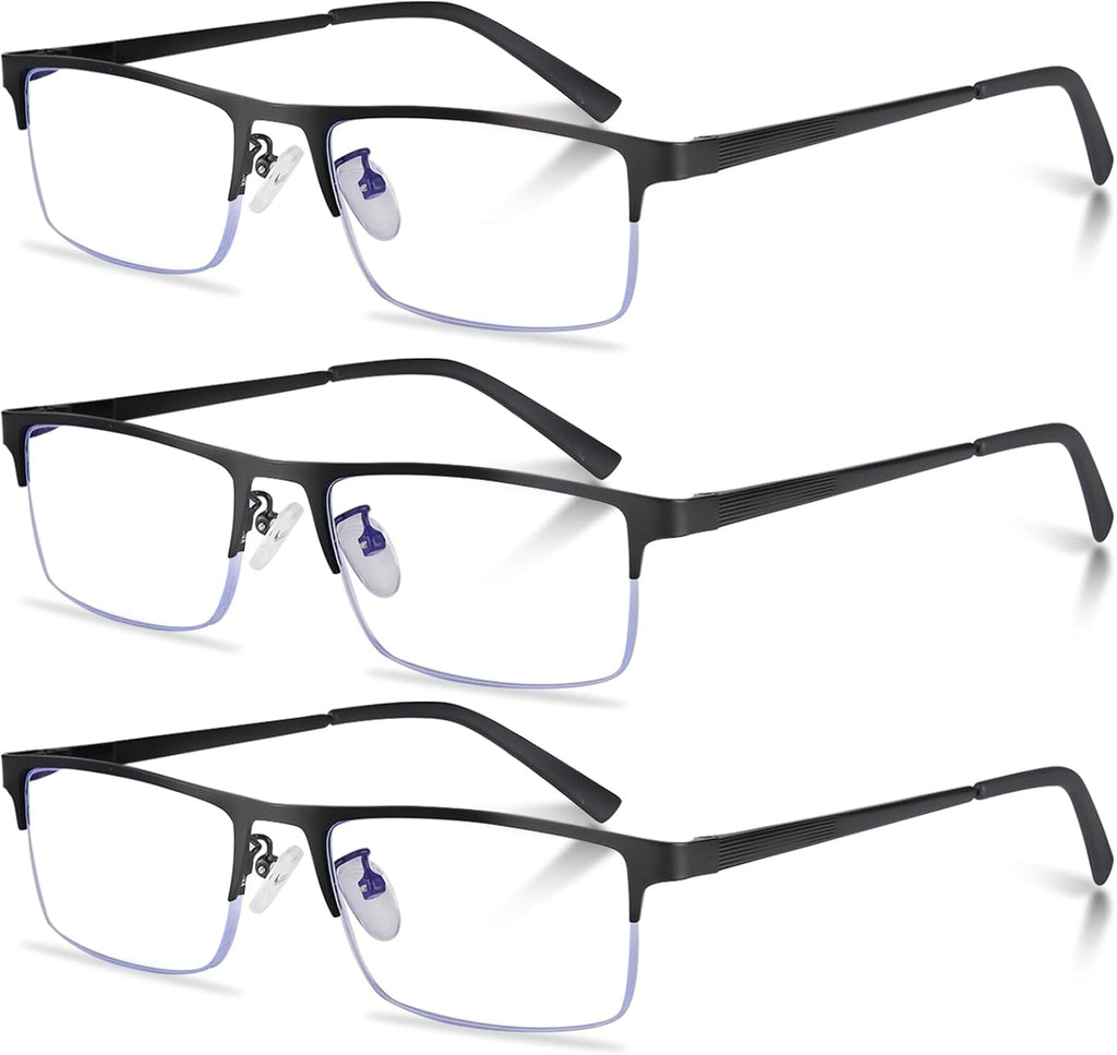 3-Pack Reading Glasses for Men, Lightweight Metal Half Frame Blue Light Blocking Computer Readers, Stylish Filter UV Ray/Computer Glare with Spring Hinge Eyeglasses(3PCS Black,+1.0)