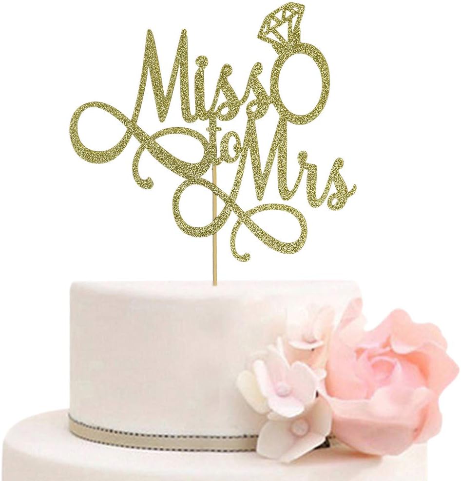 Miss To Mrs Cake Topper, Glitter Wedding Engagement Bridal Shower Bachelorette Party Decorations Supplies, Gold