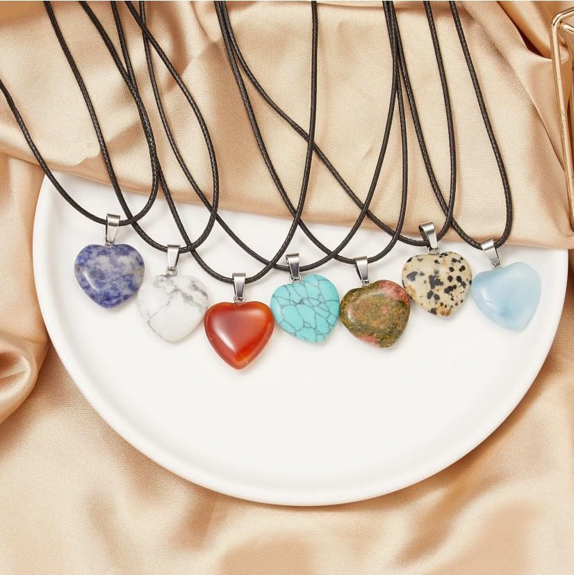 LE SKY 20 Pcs Natural Stone Necklace Healing Heart Gemstone Pendants Crystal Charms PU Leather Cord for Women Jewelry Gift