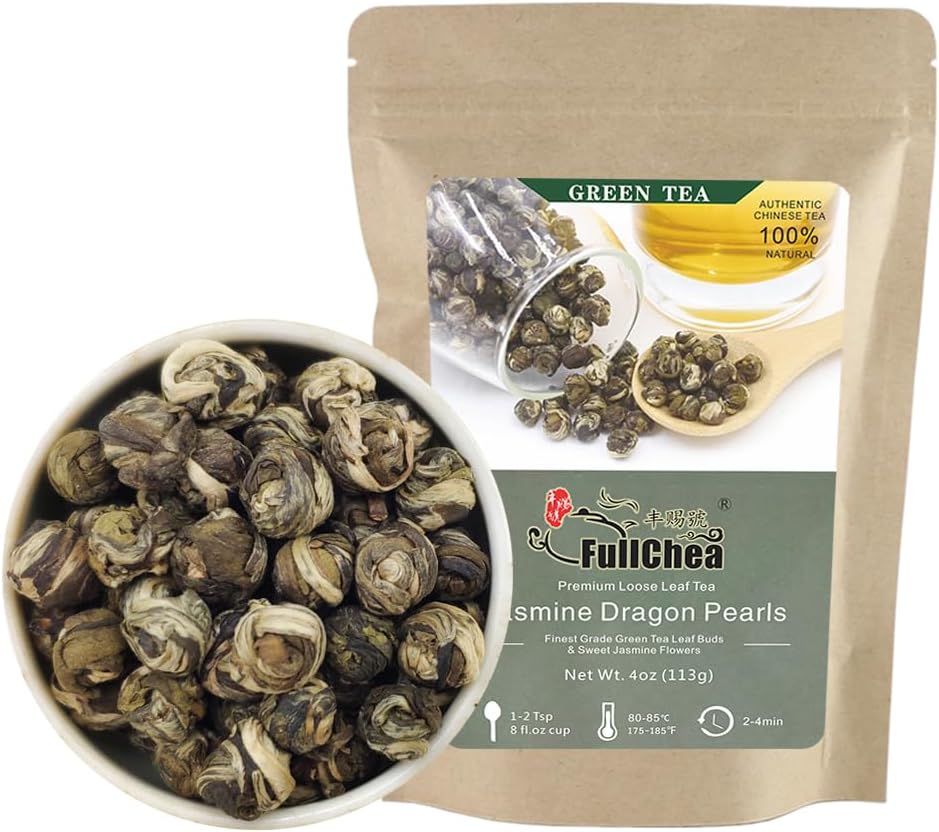 FullChea - Jasmine Pearl Tea - Jasmine Dragon Pearls - Loose Leaf Green Tea - Jasmine Green Tea with Delightful Aroma 4oz / 113g