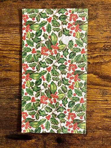 IHR Ideal Home Range Dinner Napkins Disposable 3-Ply Paper Hand Towels, 8.5" x 4.5", Holly, 16-Count