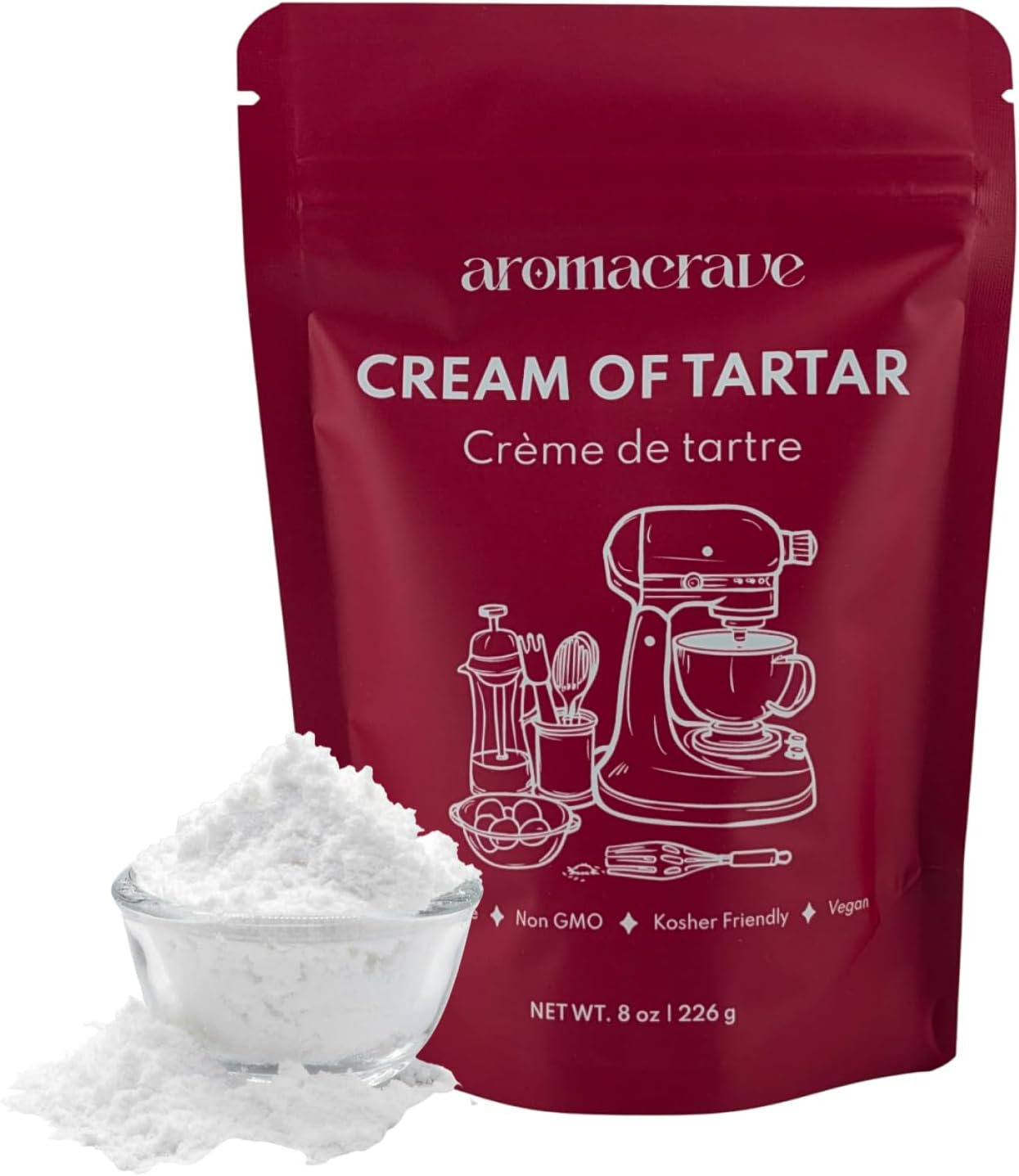 AROMACRAVE Cream of Tartar Powder, High-Purity Potassium Bitartrate for Baking & Cooking, Stabilizes Egg Whites, Prevents Sugar Crystallization, Leavening Agent for Fluffy Baked Goods (8 Ounce)