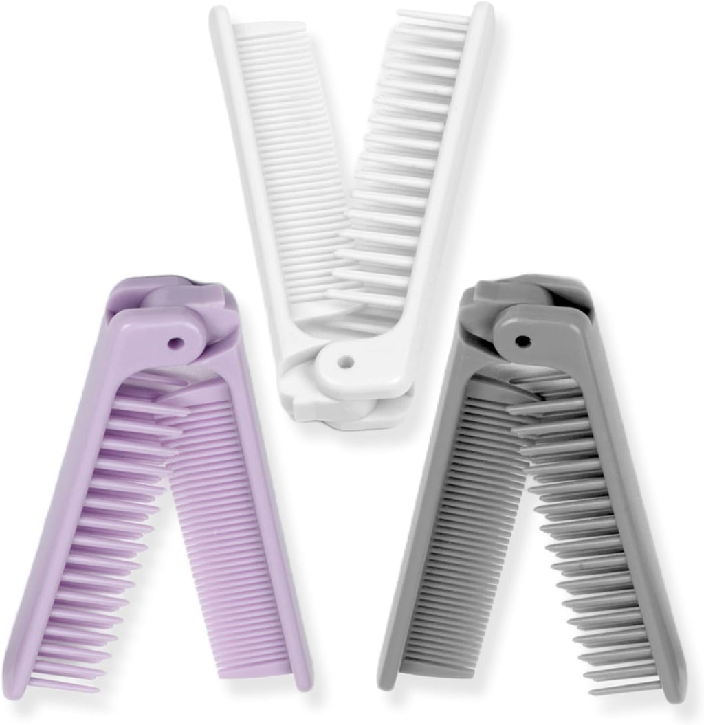 3-Piece Pocket Folding Comb Set – Portable Travel Hair Brushes with Dual-Headed Design, Compact and Colorful (Gray, Purple, White)