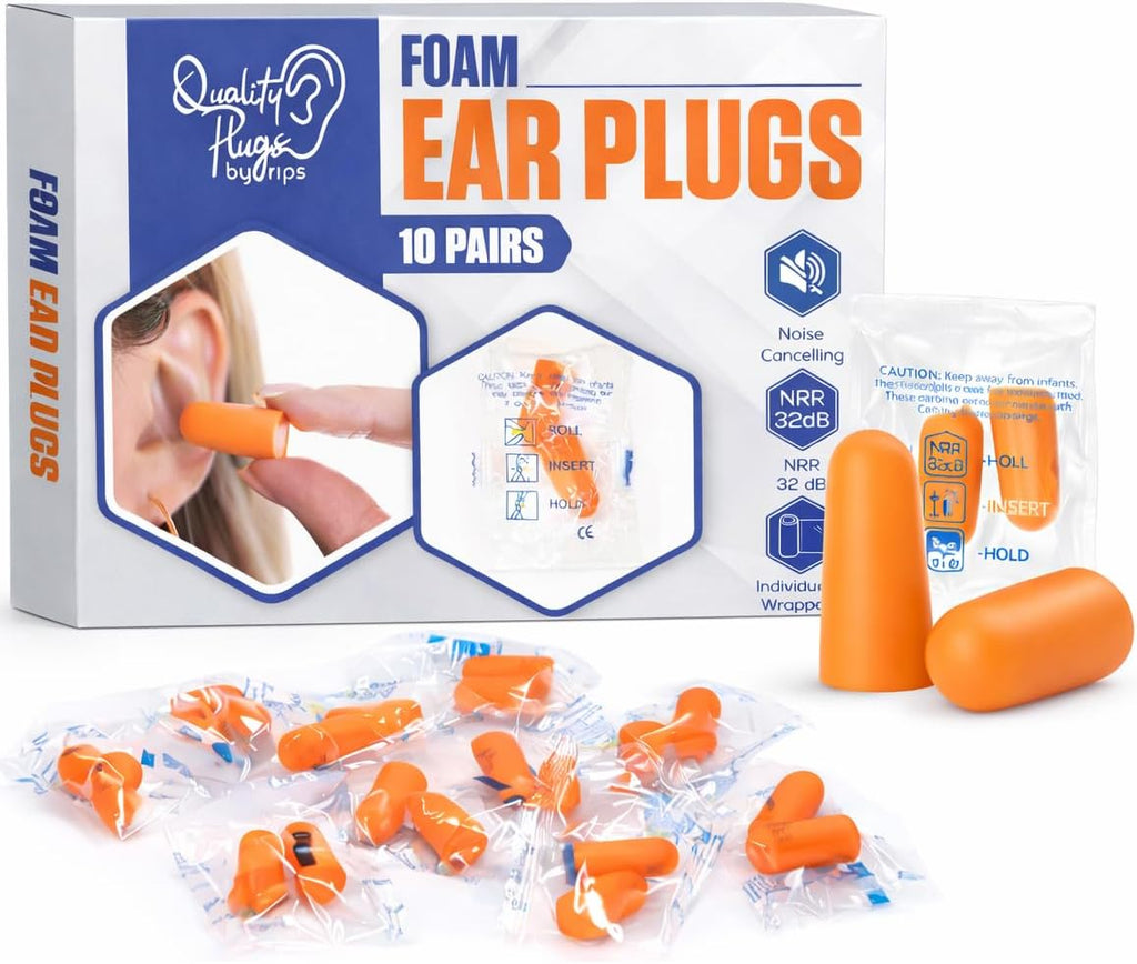 Quality Foam Ear Plugs 10 Pair - 32dB Soft Foam Earplugs for Sleeping Noise Cancelling Disposable - Individually Wrapped High Decibel Ear Plugs for Noise Reduction Construction Work Shooting Music