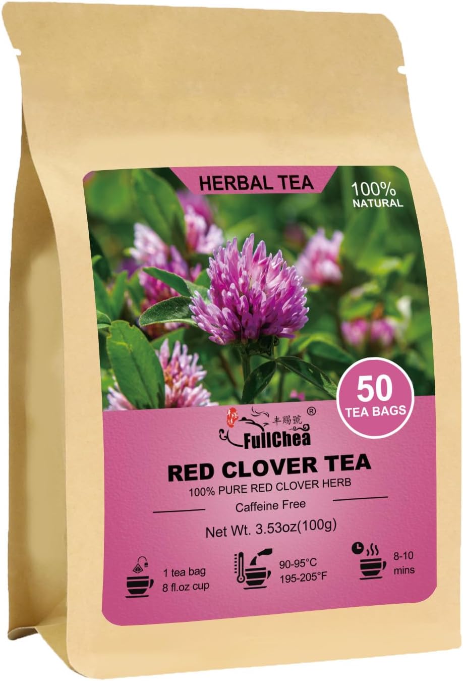 Fullchea - Red Clover Tea Bags, 50 Teabags - Pure Red Clover Herb - Non-GMO - Caffeine-Free - Rich in Antioxidants & Supports Wellness