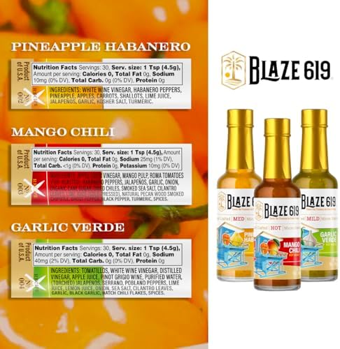 Blaze 619 Gourmet Hot Sauce Gift Set, Pineapple Habanero, Mango Chili, Garlic Verde, All Natural, Gluten Free, Vegan, Low Sodium, 5oz Bottles, 3 Pack