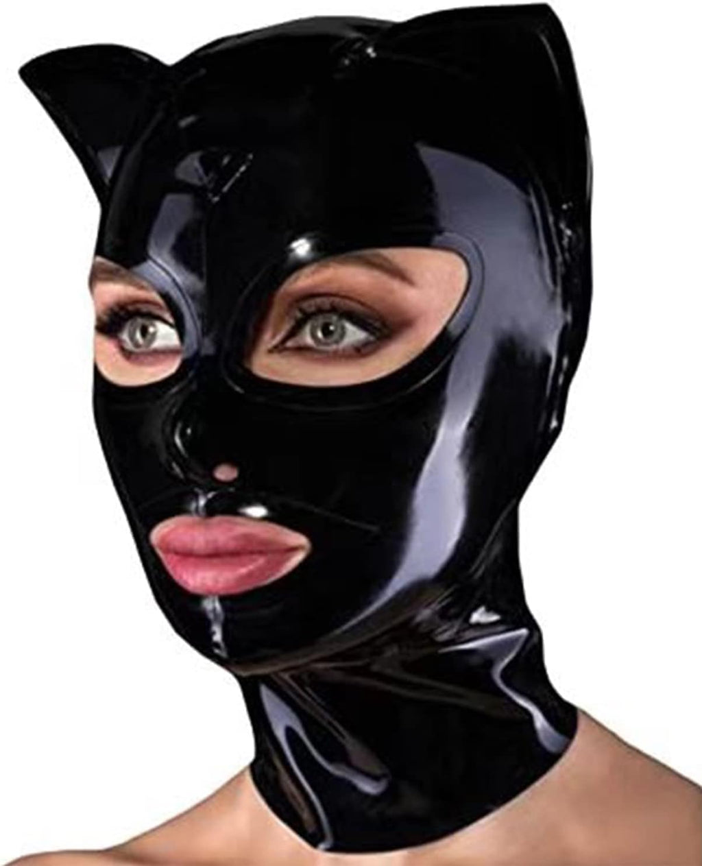 Black Latex Hood with Cat Ears Back Zipper Open Eyes Mouth Rubber Mask Cosplay Club Wear Costume