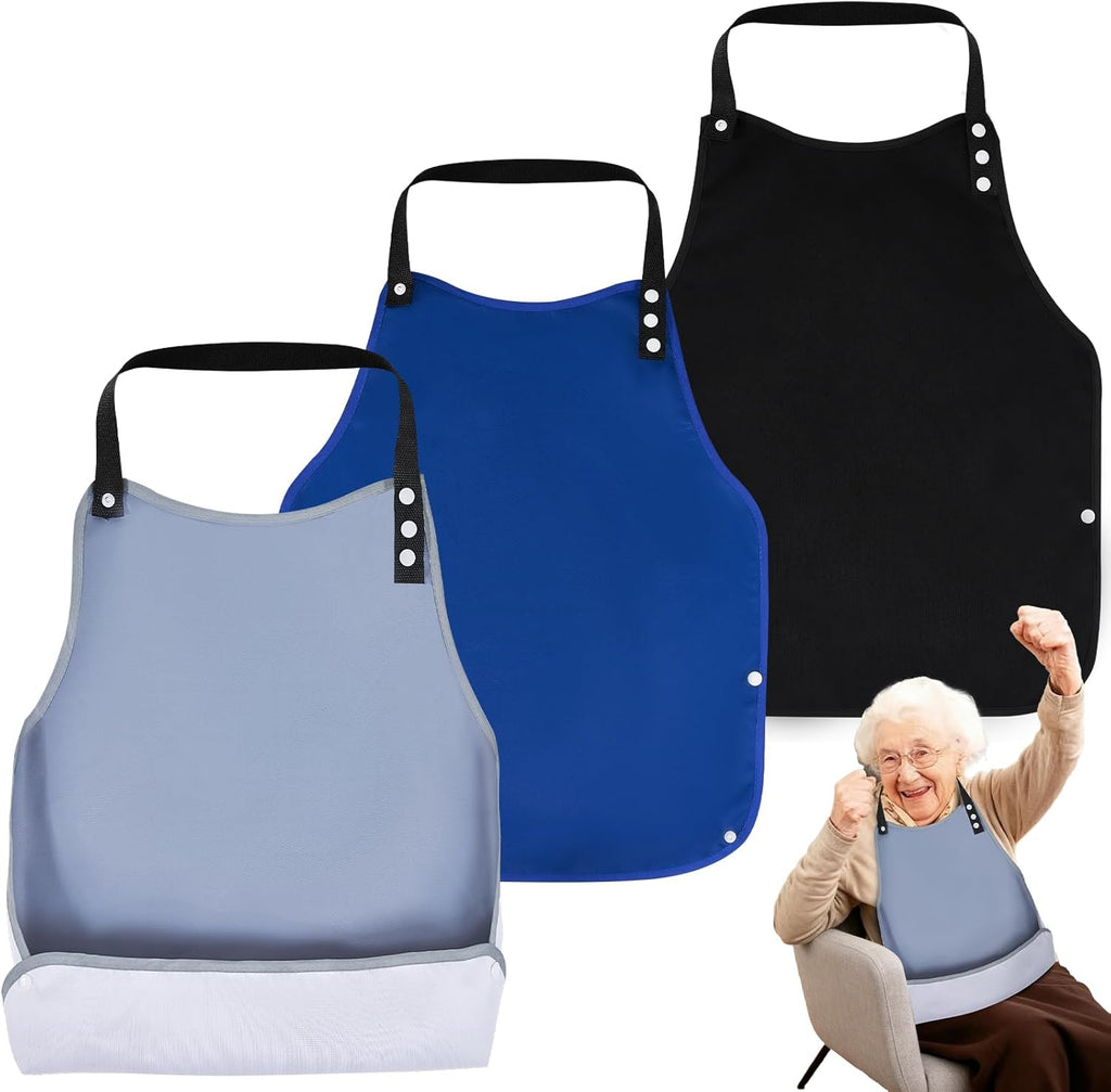 3 Pack Adult Bibs for Elderly Women Men Clothing Protector with Crumb Catcher Reusable Waterproof Adjustable