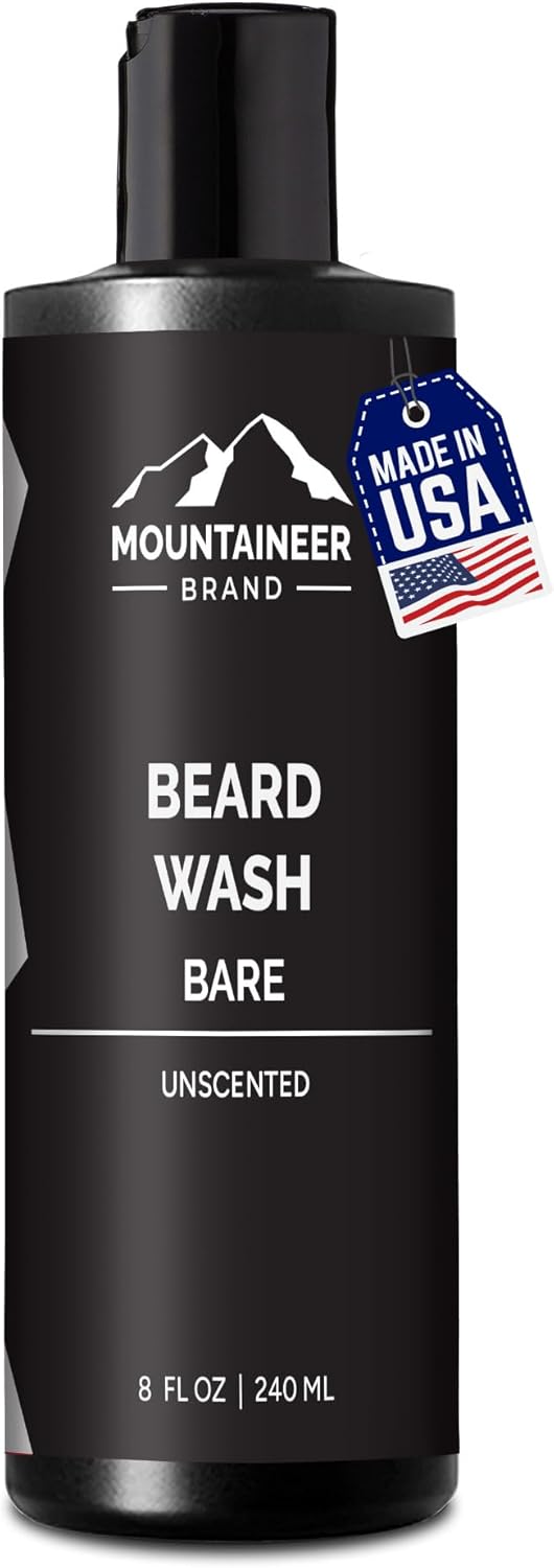 Mountaineer Brand Beard Wash For Men | 100% Natural Beard Shampoo | Thick Cleaning Softening Lather for Hair and Skin | Hydrate and Detangle | Grooming Treatment | Bare Unscented 8oz