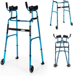 GYMAX Walkers for Seniors, Folding Upright Standard Walkers 440lbs with 5'' Wheels & Removable Padded Armrests, Lightweight Adjustable Rolling Walker for Elderly, Limited Mobility (Navy)