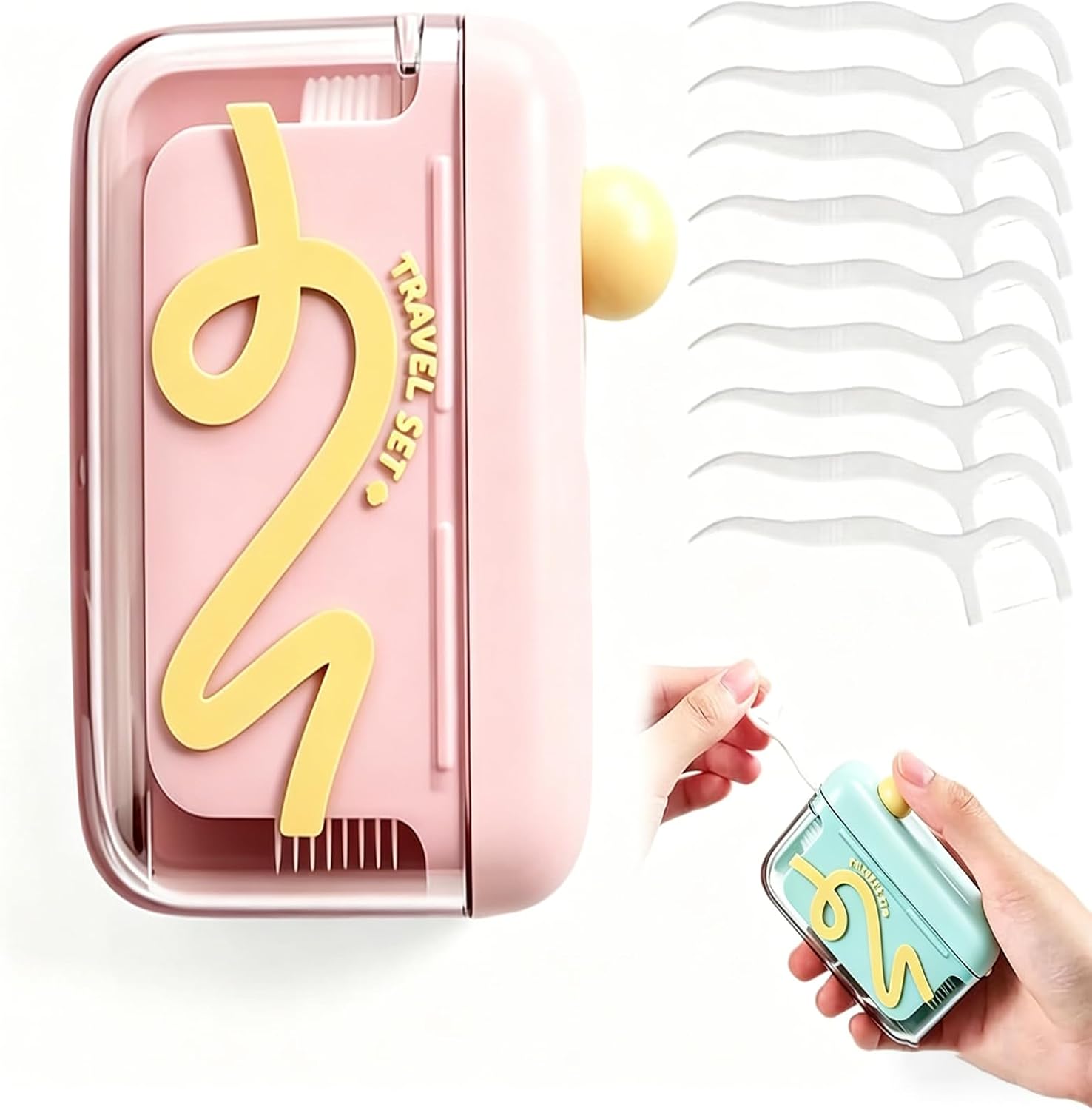 Automatic Pop-Up Portable Floss Dispenser with 10 Pcs Dental Floss for Tooth Care,Portable Refillable dental Floss Pick Storage Box. (Green and Pink)