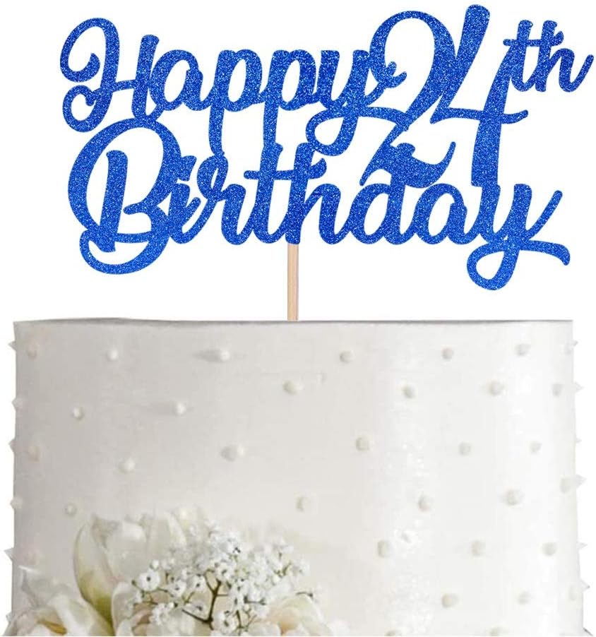 Blue Happy 24th Birthday Cake Topper, Royal Blue Glitter Cheers To 24 Years Party Cake Decorations, Supply