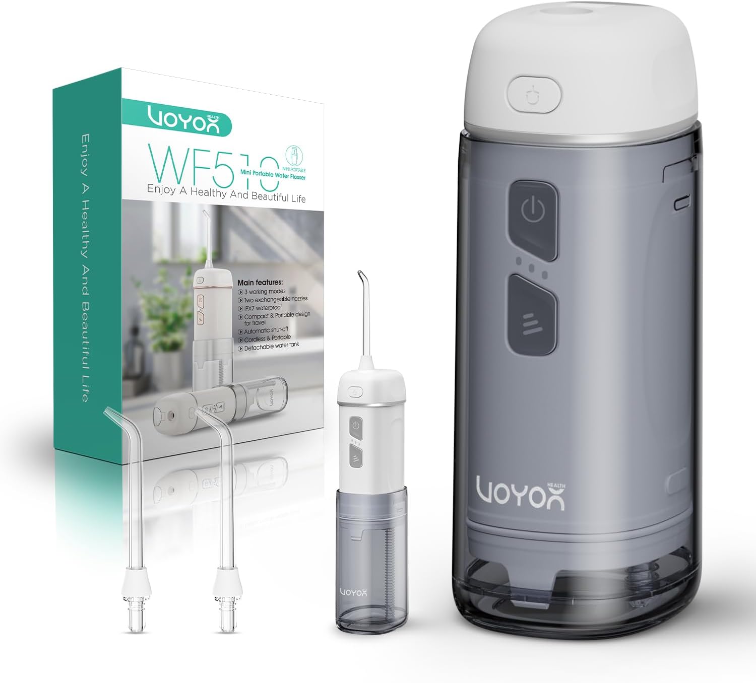 VOYOR-HEALTH Portable Water Flosser Cordless, Mini Travel Oral Irrigator with Telescopic Water Tank, IPX7 Waterproof Water Dental Flosser for Teeth Cleaning Braces & Dental Care WF510 (Silver)