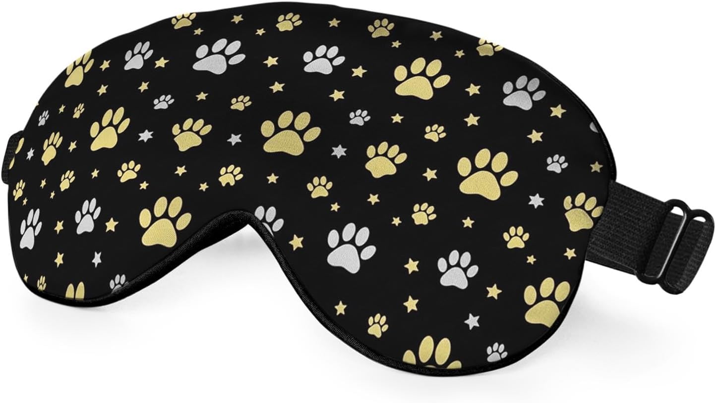 Dog Paw Sleep Eye Mask Eye Cover Gold Animal Paw Print Star Black Silk Eye Mask for Sleeping with Adjustable Strap for Travel Nap Shift Work Office