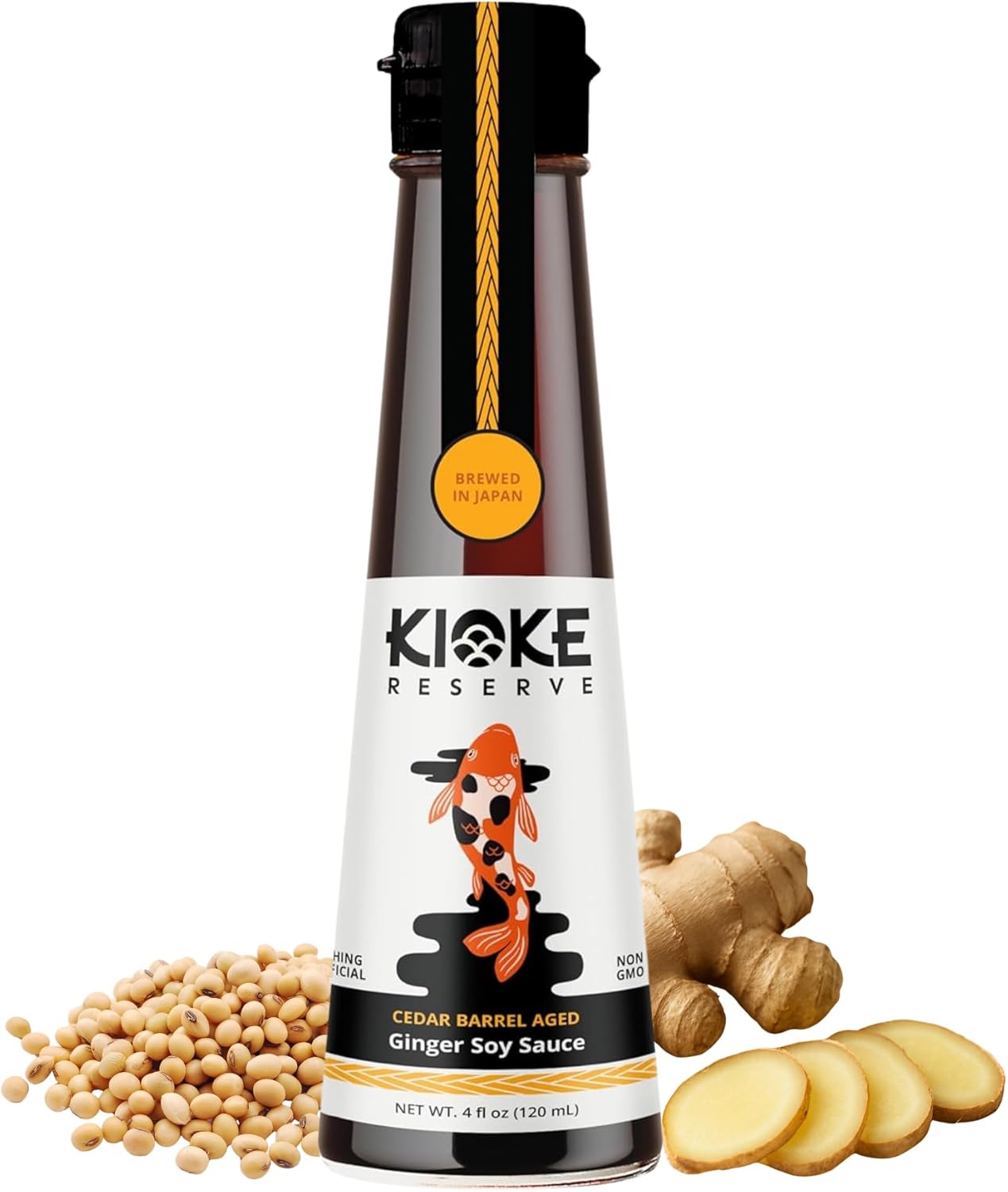 Kioke Reserve Ginger Soy Sauce | Small Batch Cedar Barrel Aged in Japan | All-Natural Non-GMO Shoyu with Fresh Ginger Flavor | Traditional Japanese Soy Sauce for Marinades, Sushi & Stir Fry (4 oz)