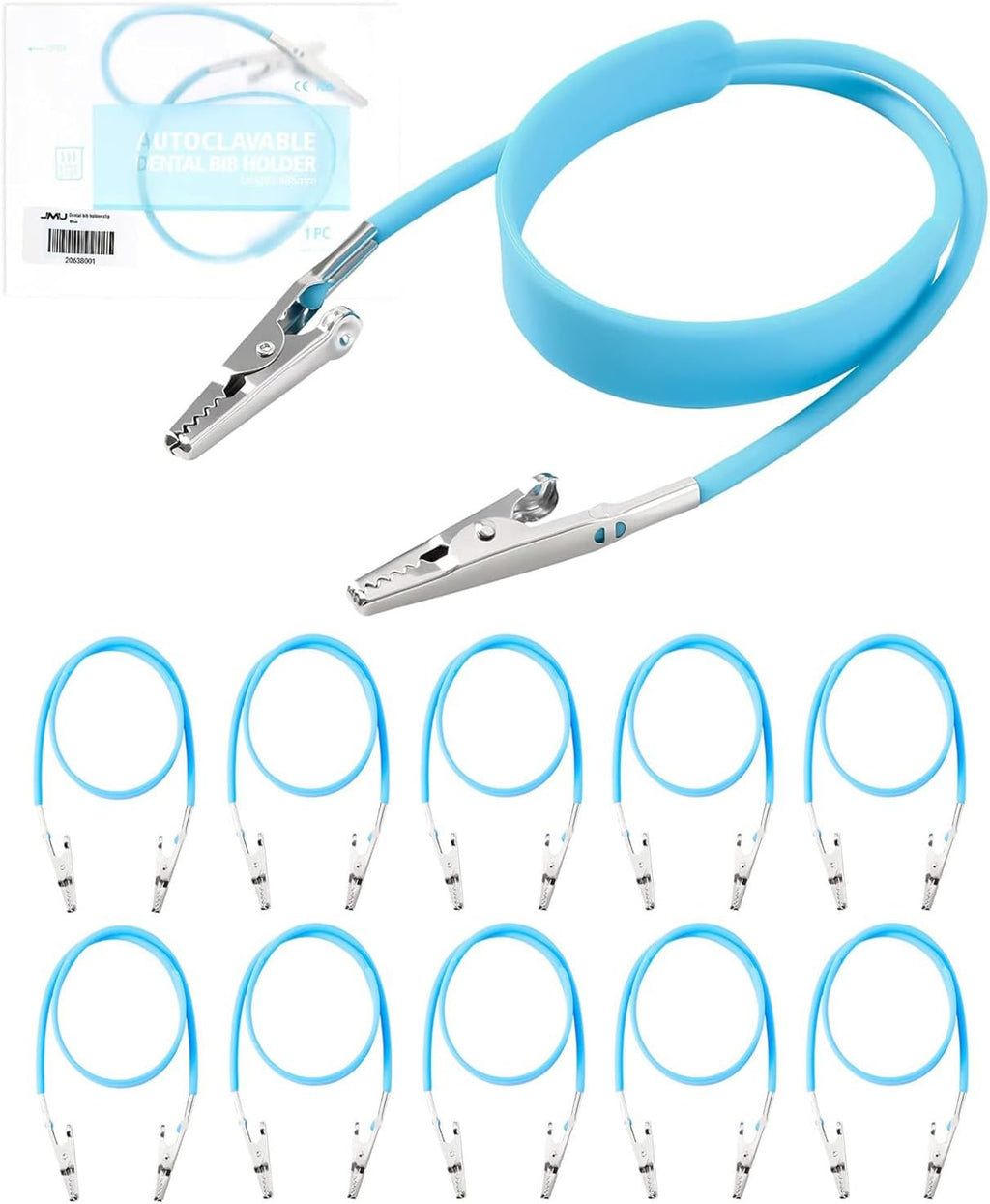 JMU 10 Pack Bib Clips Dental, Autoclavable Bib Holders Clips with Widened Silicone Strap Individually Wrapped, Light Blue