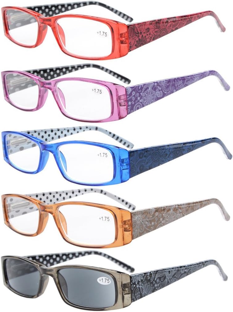 Eyekepper 5-Pack Spring Hinges Polka Dots Patterned Temples Rectangular Reading Glasses Sunshine Readers +1.25