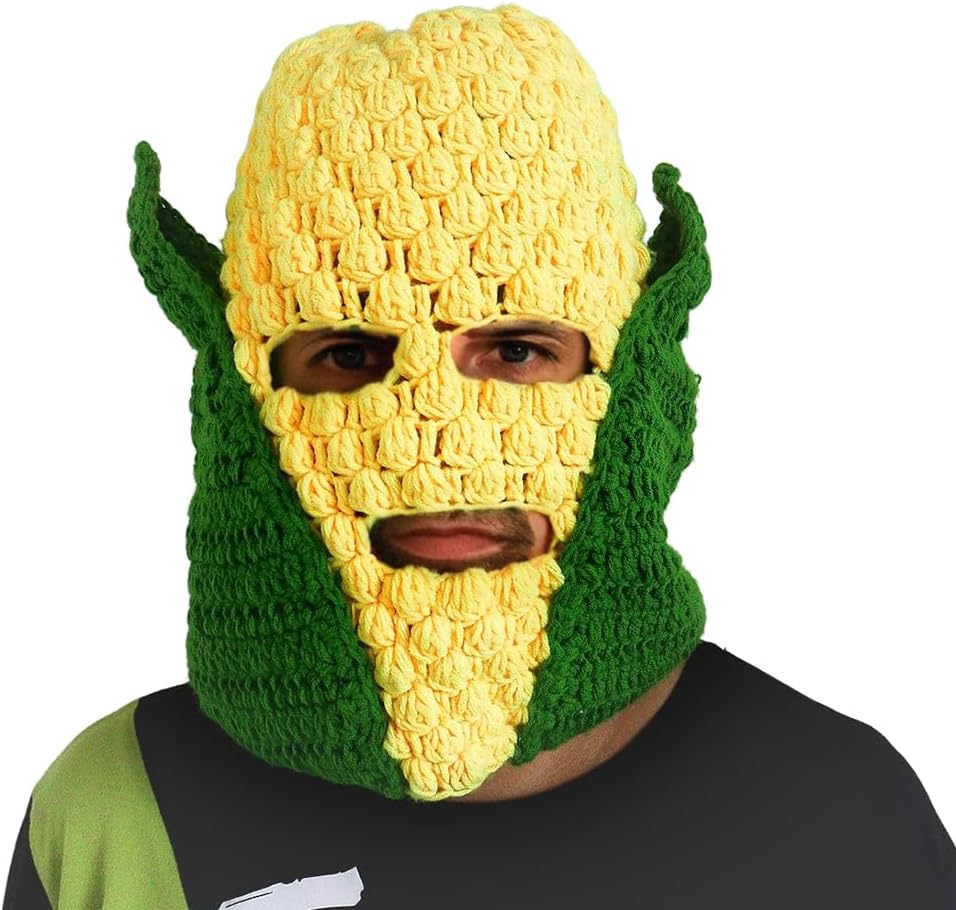 Knitted Corn Balaclava Mask, Unisex Winter Pullover Beanie Hat Neck Warmer Halloween Cosplay Dress Up for Men Women Yellow