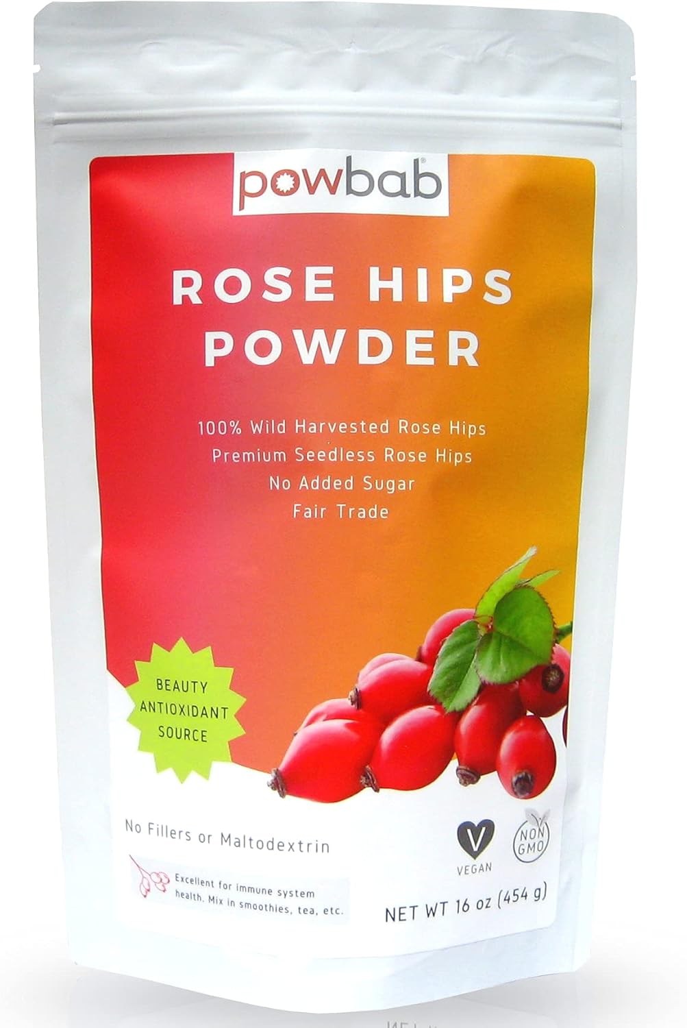 powbab Rose Hips Powder from 100% Wild Organic Rosehip. Premium Rosa Rubiginosa. Seedless Ground Rosehips from Whole Dried Rose Hips. No Added Sugar. Antioxidants. Fair Trade (16 oz)