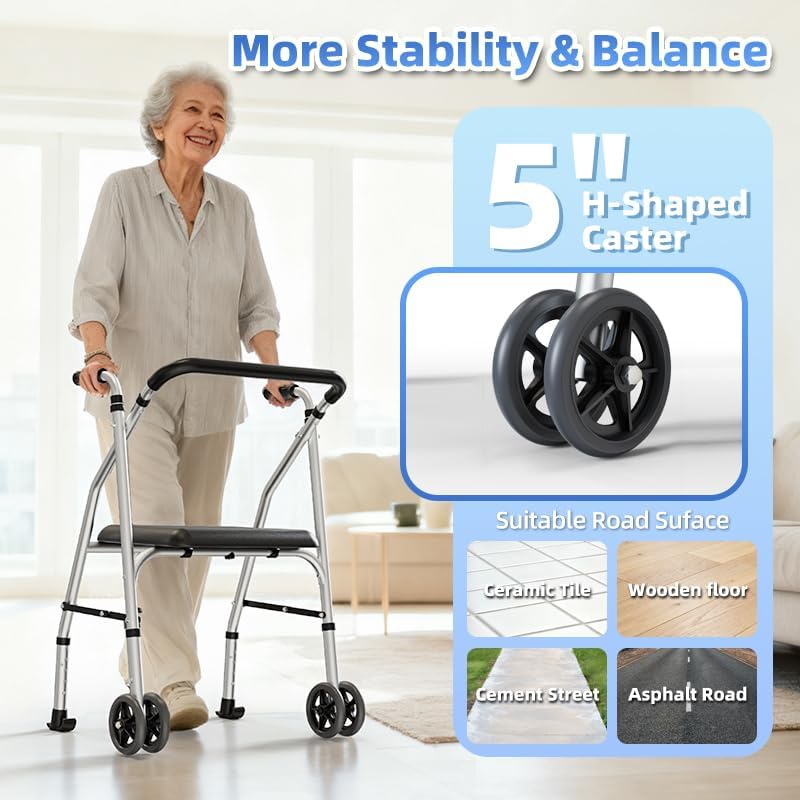 Walkers for Seniors, Standard Walker with Seat, Adjustable Two-Wheeled Walker with 5”Wheels, Lightweight, Stable Mobility Support, Compact Travel Walker, Suitable for use in Car