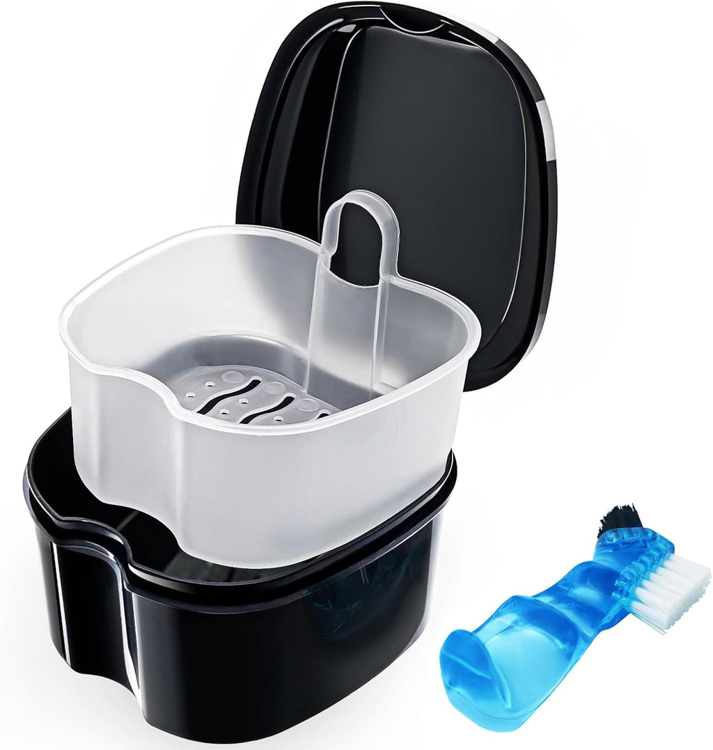 Black Denture Soaking Container Partial Denture Case, Orthodontic Retainer Cleaning Case Denture Cleaner Container Dentures Teeth Cup with Strainer and Lid Waterproof