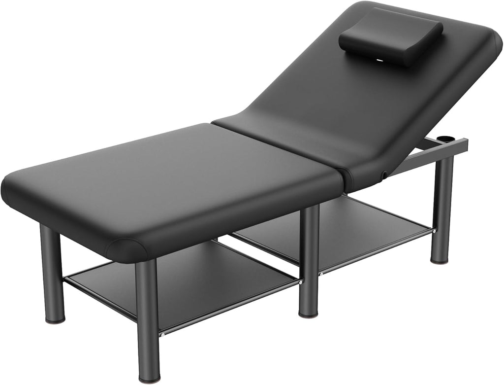 Folding Stationary Massage Table with Backrest and Storage Space for Treatment Table Physical Therapy Table Spa Facial Bed, 6 Round Legs Metal Frame PU Leather, 30.5'' Wide × 75'' Long - Black