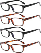 Kerecsen 4 Pack Reading Glasses for Men and Women with Spring Hinges, Lightweight Black Rectangular Readers Eyeglasses (2 Black 2 Tortoise, 1.50)