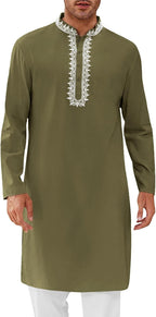 Runcati Mens Kaftan Thobe Cotton Henley Shirt Long Sleeve Embroidery Robe Casual Kurta Muslim Gown Shirt