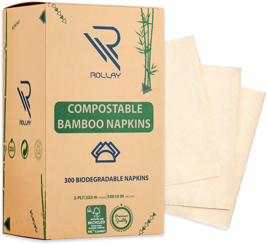 Rollay 300 Bamboo Cocktail Napkins - FSC Certified 2-Ply Compostable Napkins Disposable for Home or Commercial Use - 5x5 inch folded Biodegradable Paper Napkins for Dinner and Party
