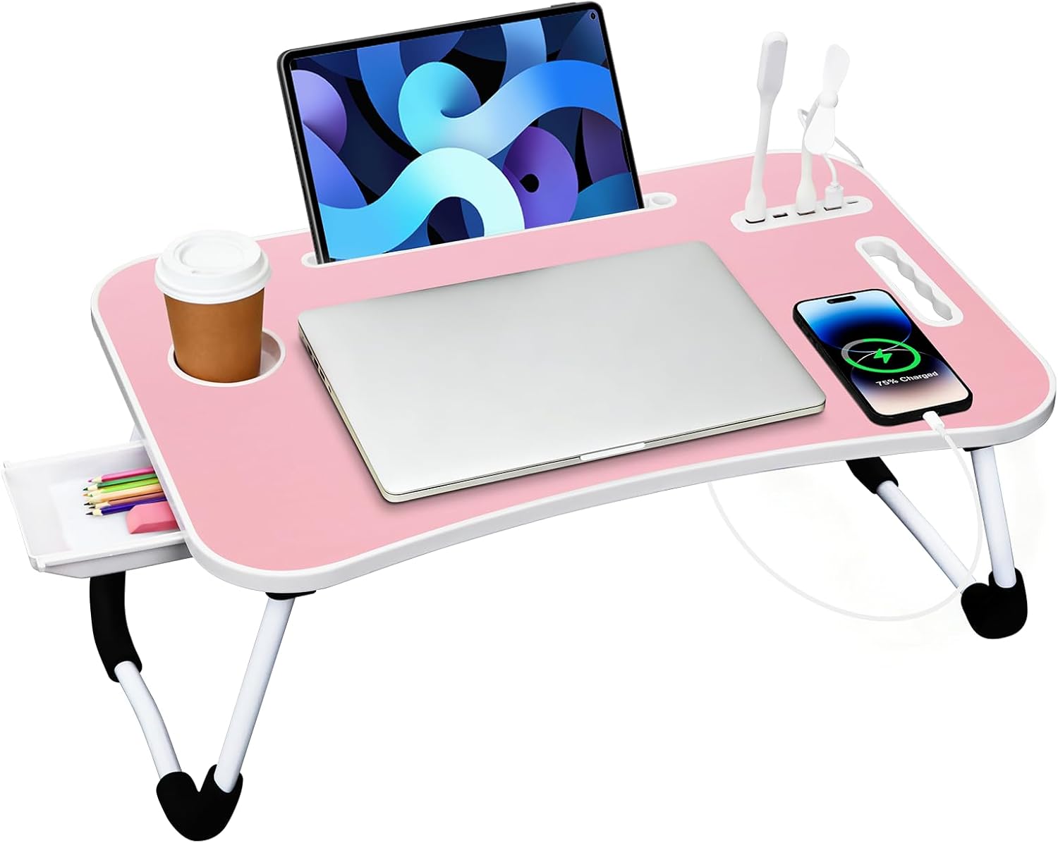 Portable Bed Desk, Foldable Laptop Desk with 4 USB Charge Port/Cup Holder/Tablet Slot/Storage Drawer, Folding Lap Table for Working, Writing, Drawing and Eating (Pink)