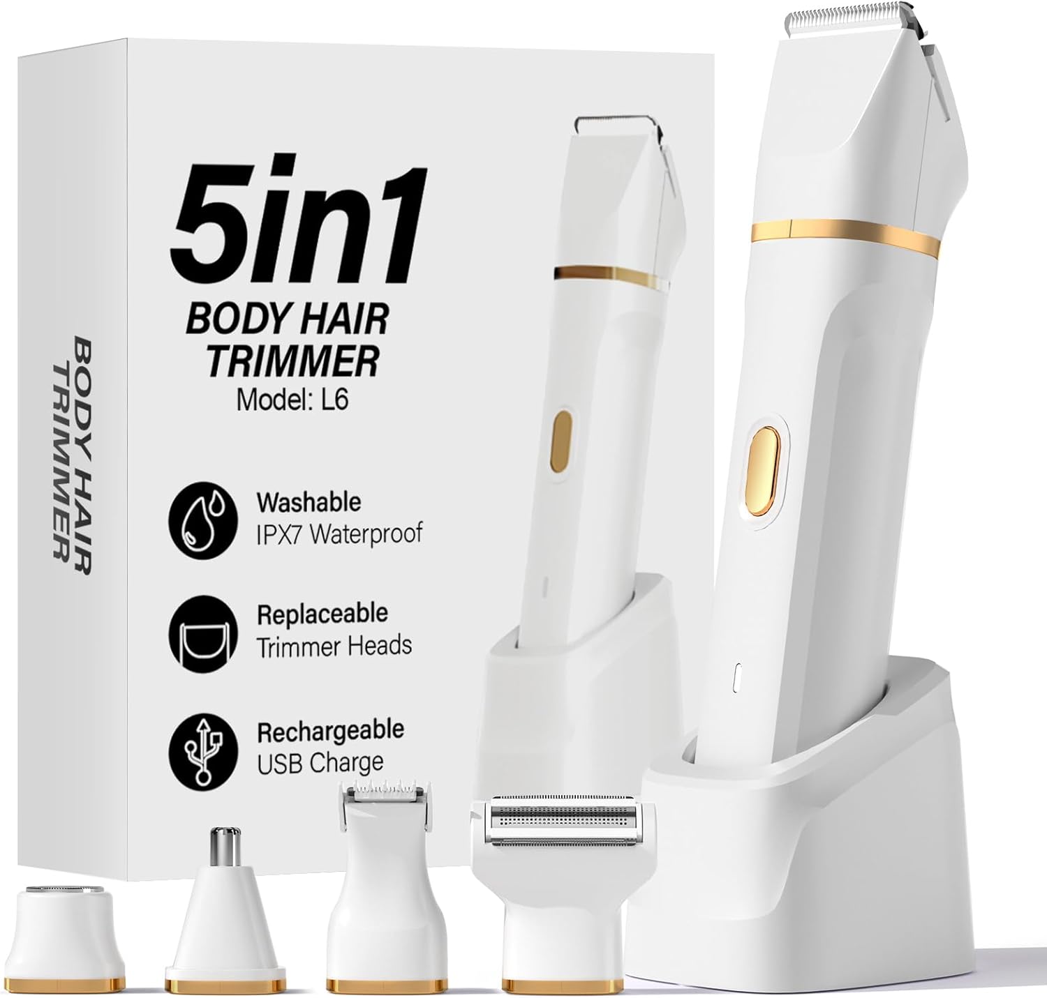 Bikini Trimmer for Women - 5 in 1 Electric Razors for Ladys Pubic Facial Nose Body Leg Hair Removal, Waterproof Electric Shaver for Women Private Area Sensitive Skin, Personal Hair Trimmer-White